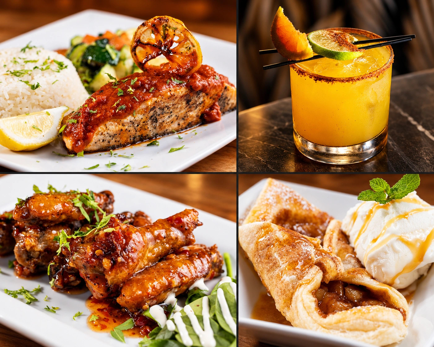 Salmon, a craft cocktail, glazed wings and dessert at Brvsh Cul7ur3