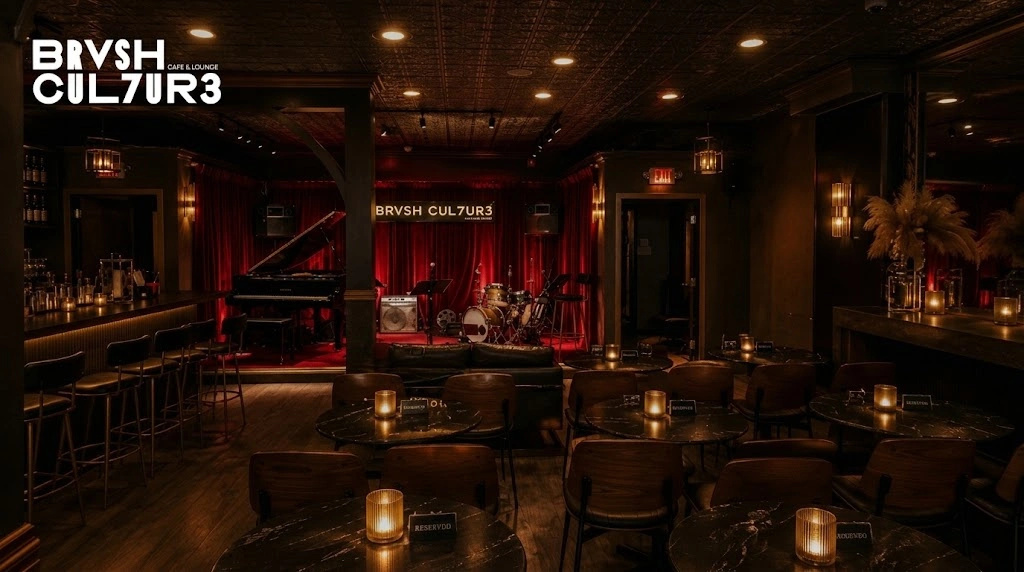 A wide view of Brvsh Cul7ur3 in Teaneck showing the dining tables, bar, lounge seating and live music stage
